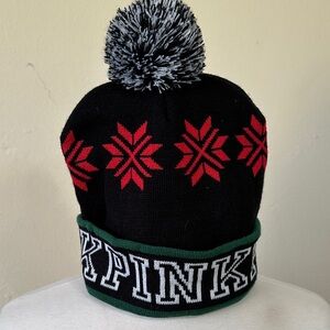 PINK Victoria's Secret Black and Red Snowflake Beanie